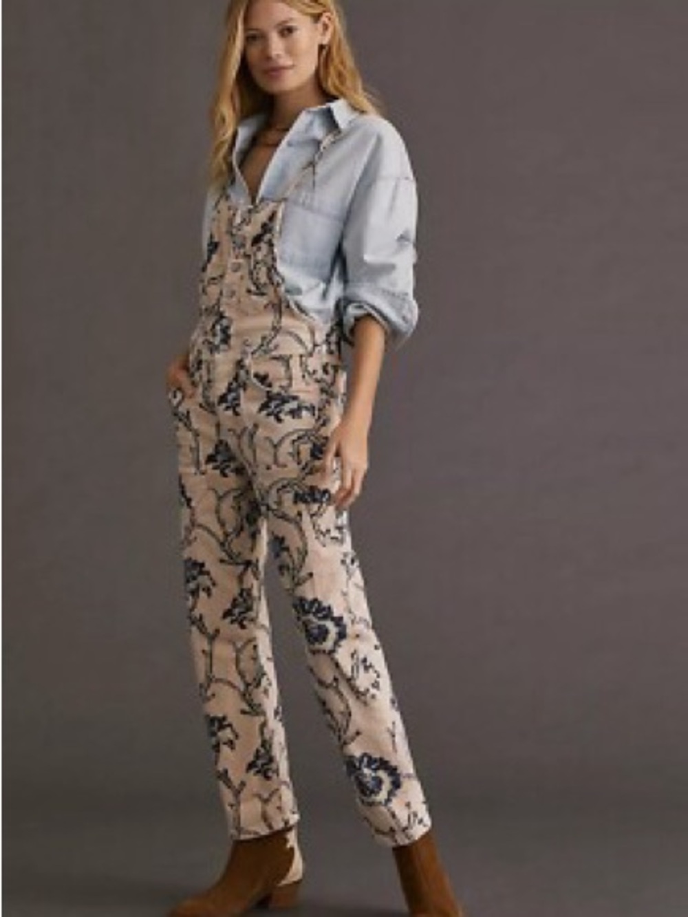 Pilcro for Anthropologie Floral Print Beige and Navy "The Painter Overall" Jeans
